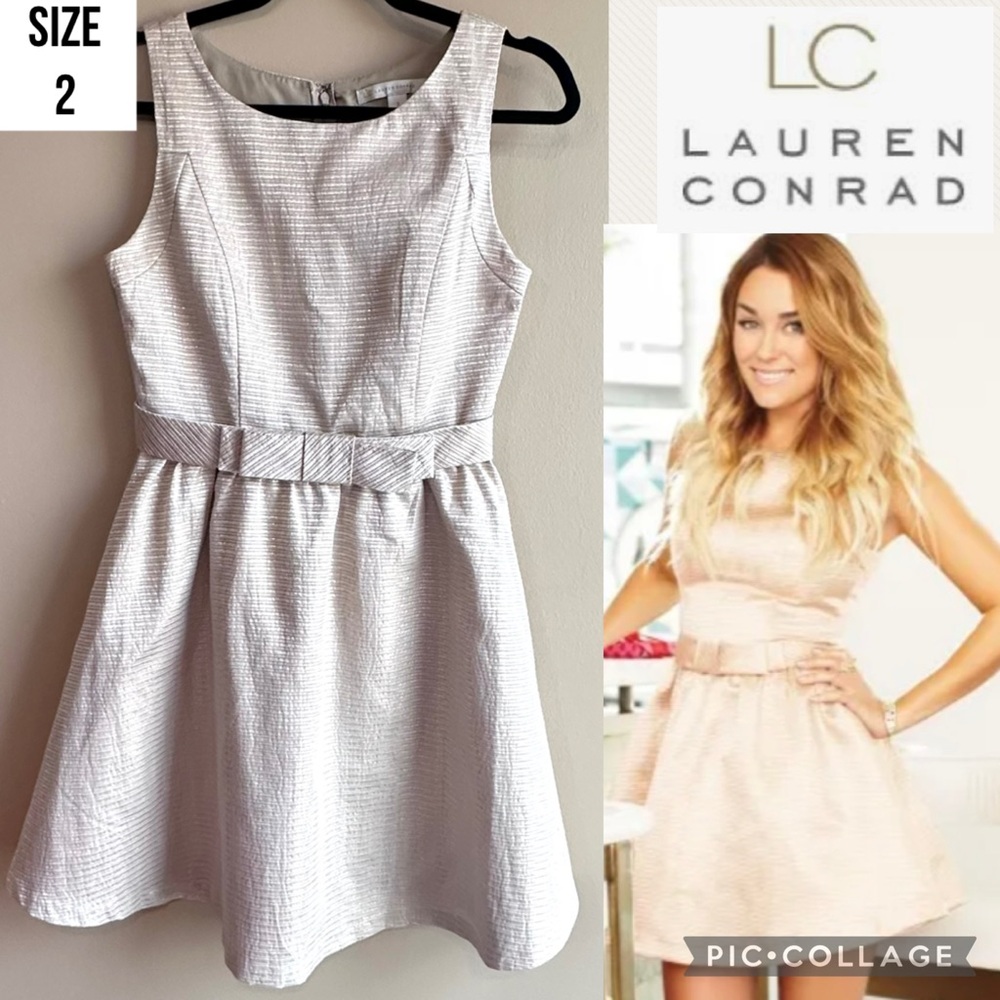 LC Lauren Conrad Womens Dress Gold Metallic Jacquard Champagne Party Fit Flare 2